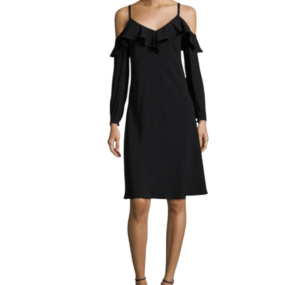 A.L.C. Felicia Black Cold Shoulder Ruffle Dress Size 0 Italian Fabric - Picture 2 of 11